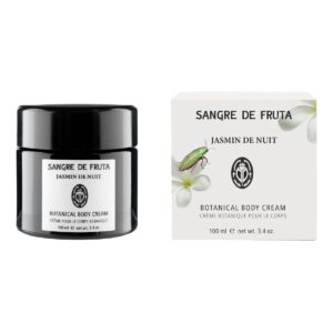 Sangre de Fruta Jasmin de Nuit Botanical Body Cream, a handcrafted artisanal moisturizing body cream with a sensual jasmin and sandalwood scent.