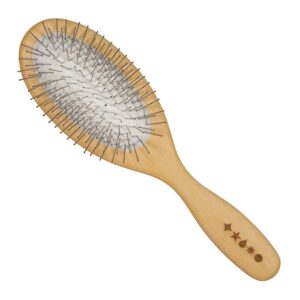 Shop Living Libations Beechwood Brush at Inspire Beauty, a solid wood hair brush with rounded stainless steel pins to massgae the scalp, smooth hair, and effortlessly scent hair with your favourite essential oil.