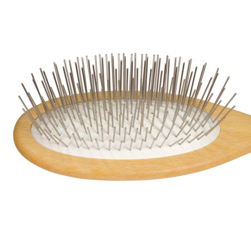 Living Libations Beechwood Brush is a solid wood hair brush with rounded stainless steel pins and rubber cushion.