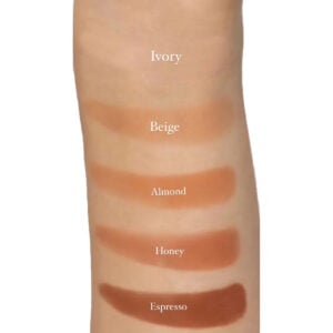 Swatches of all five shades of Agent Nateur Holi (Sun) SPF 50 - Ivory, Beige, Almond, Honey, Espresso.