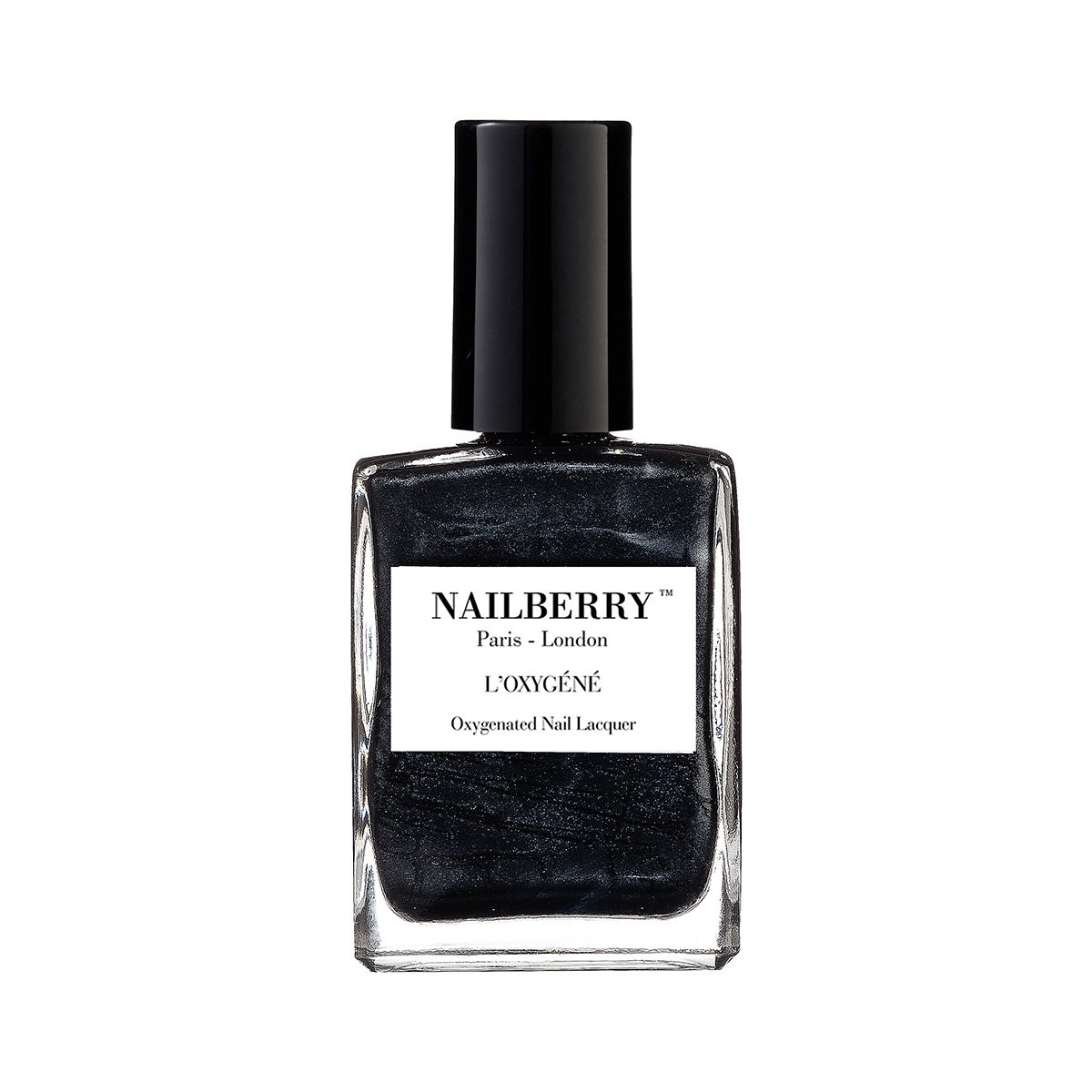 Shop Nailberry L'Oxygene Nail Polish 50 Shades at Inspire Beauty, a semi-sheer grey-black metallic hue.