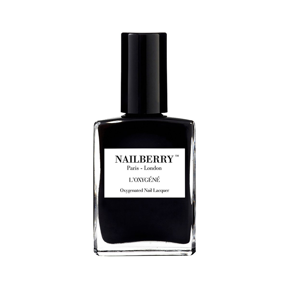 Shop Nailberry L'Oxygene Nail Polish Black Berry at Inspire Beauty, a deep opaque black nail lacquer.