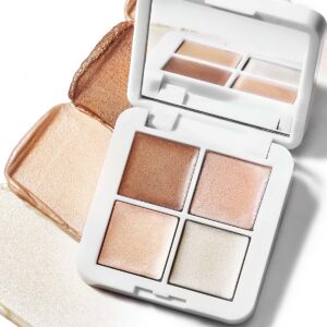 RMS Beauty Living Luminizer Glow Quad Mini contains four on-the-go radiant, nourishing, and dewy highlighter shades.