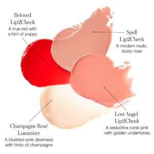 RMS Lip2Cheek Glow Quad Mini Includes 3 creamy shades of Lip2Cheek and cult-favorite RMS Champagne Rosé Luminizer.