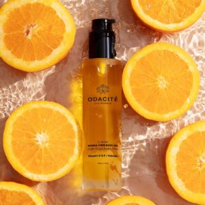 Odacité C-Glow Hydra-Firm Body Oil is infused with Vitamin C to brighten and firm the skin.