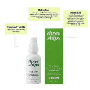 Three Ships Skin Hero Calendula + 2% Bakuchiol Bio-Retinol Serum is a multi-talented serum that helps smooth the look of wrinkles, even skin tone and reduce the appearance of breakouts.