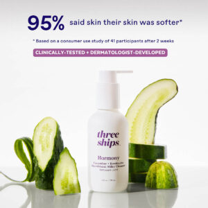 Three Ships Harmony Cucumber + Kombucha Microbiome Milky Cleanser is a milky cleanser that helps repair a damaged skin barrier and calm signs of irritation.