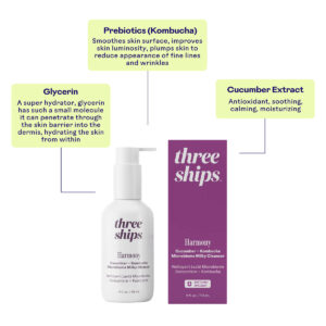 Three Ships Harmony Cucumber + Kombucha Microbiome Milky Cleanser is a skin barrier strengthening mild cleanser.