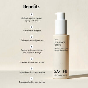 Sachi Skin Pro Resilience Serum is an antioxidant and peptide rich pro-repair serum to soothe, hydrate, plump, and firm.
