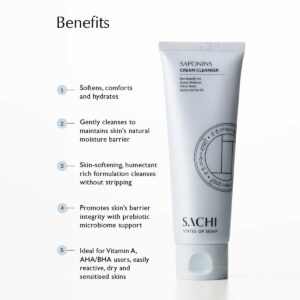 Sachi Skin Saponins Cream Cleanser helps to balance and replenish skin as it cleanses impurities and removes makeup.