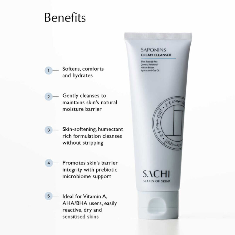 Sachi Skin Saponins Cream Cleanser helps to balance and replenish skin as it cleanses impurities and removes makeup.