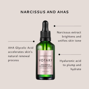 VOTARY Brightening Hyaluronic Serum is a brightening serum to diminish dark spots, even out skin tone, and restore skin's radiance.
