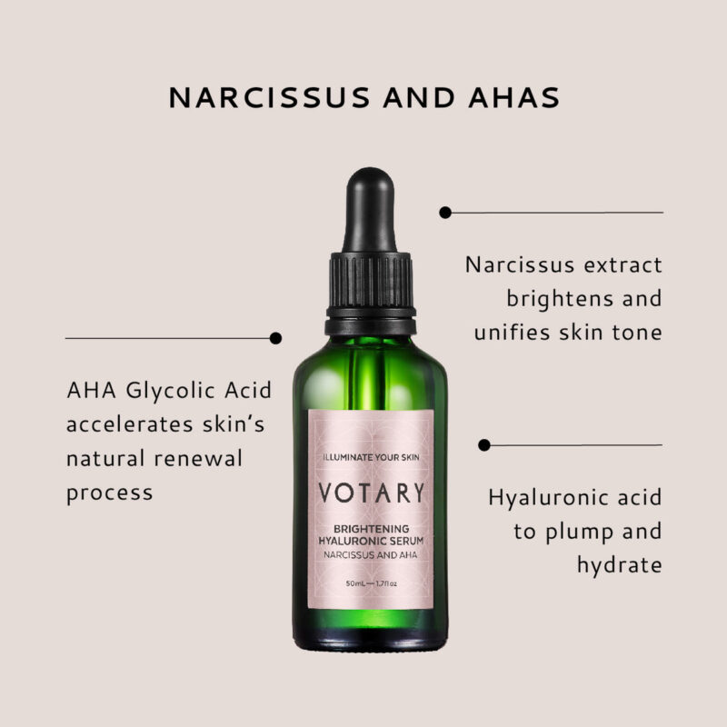 VOTARY Brightening Hyaluronic Serum is a brightening serum to diminish dark spots, even out skin tone, and restore skin's radiance.