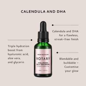 VOTARY Hyaluronic Self-Tan Drops is designed to give your skin a triple hydration boost thanks to a power trio of hyaluronic acid, aloe vera and glycerin.