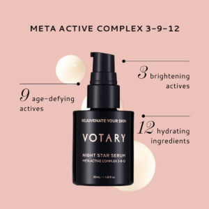 VOTARY Night Star Serum is a triple-action night serum with a unique Meta Complex of 3 brightening, 9 age-defying and 12 hydrating actives.