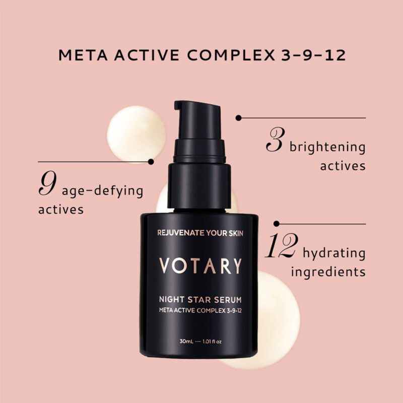 VOTARY Night Star Serum is a triple-action night serum with a unique Meta Complex of 3 brightening, 9 age-defying and 12 hydrating actives.