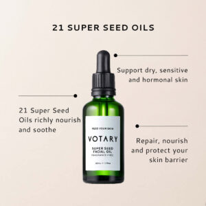 VOTARY Super Seed Facial Oil is made from 21 different seed oils for skin that is sensitive, in hormonal flux or unsettled.