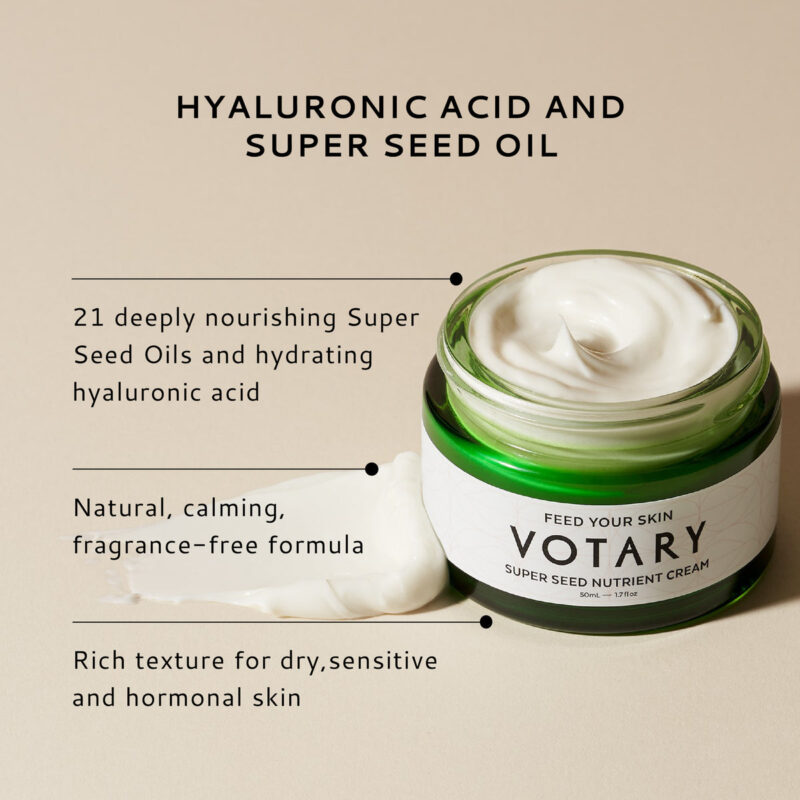 VOTARY Super Seed Nutrient Cream is soothing, nourishing and protective care for sensitive skin that is experiencing dryness and redness.