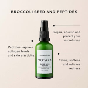 VOTARY Super Seed Serum relieves redness while calming and softening skin. Cooling and refreshing on your skin, it leaves your skin more resilient and less reactive.