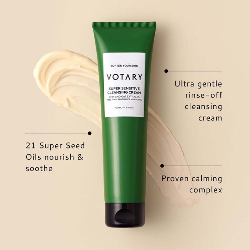 VOTARY Super Sensitive Cleansing Cream is an ultra gentle rinse-off cleansing cream that melts away dirt, impurities and makeup effortlessly while supporting your skin’s essential barrier function.