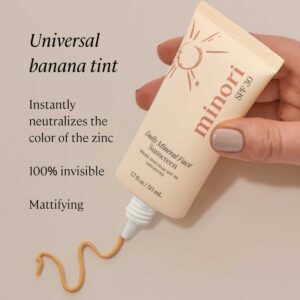 Minori Sunscreen has a universal banana tint that creates a brighter appearance and instantly blends into all skin tones.