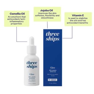 Three Ships Glow 49% Jojoba Oil Serum minimizes pores and balances oily skin.