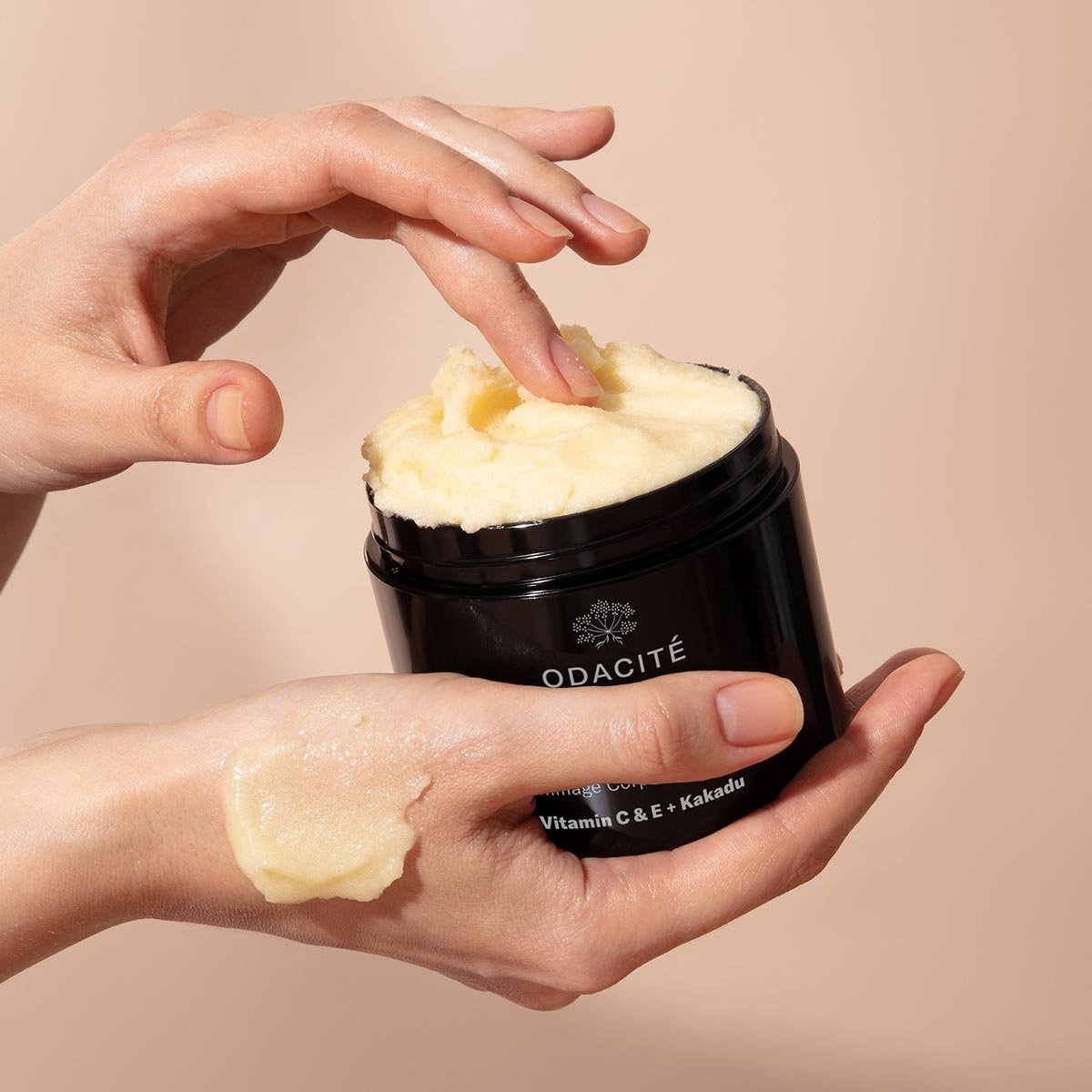 Odacité C-Smooth Hydra-Firm Body Polish is formulated with double vitamin c to firm and brighten skin as it exfolaites.