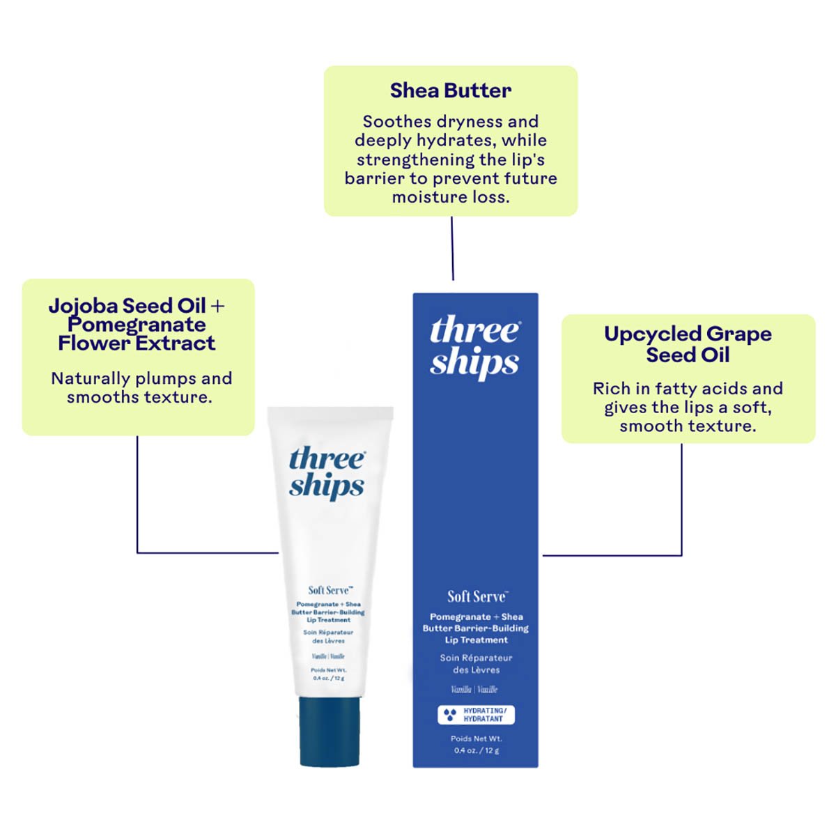 Three Ships SoftServe Pomegranate + Shea Lip Treatment softens, plumps and conditions lip.