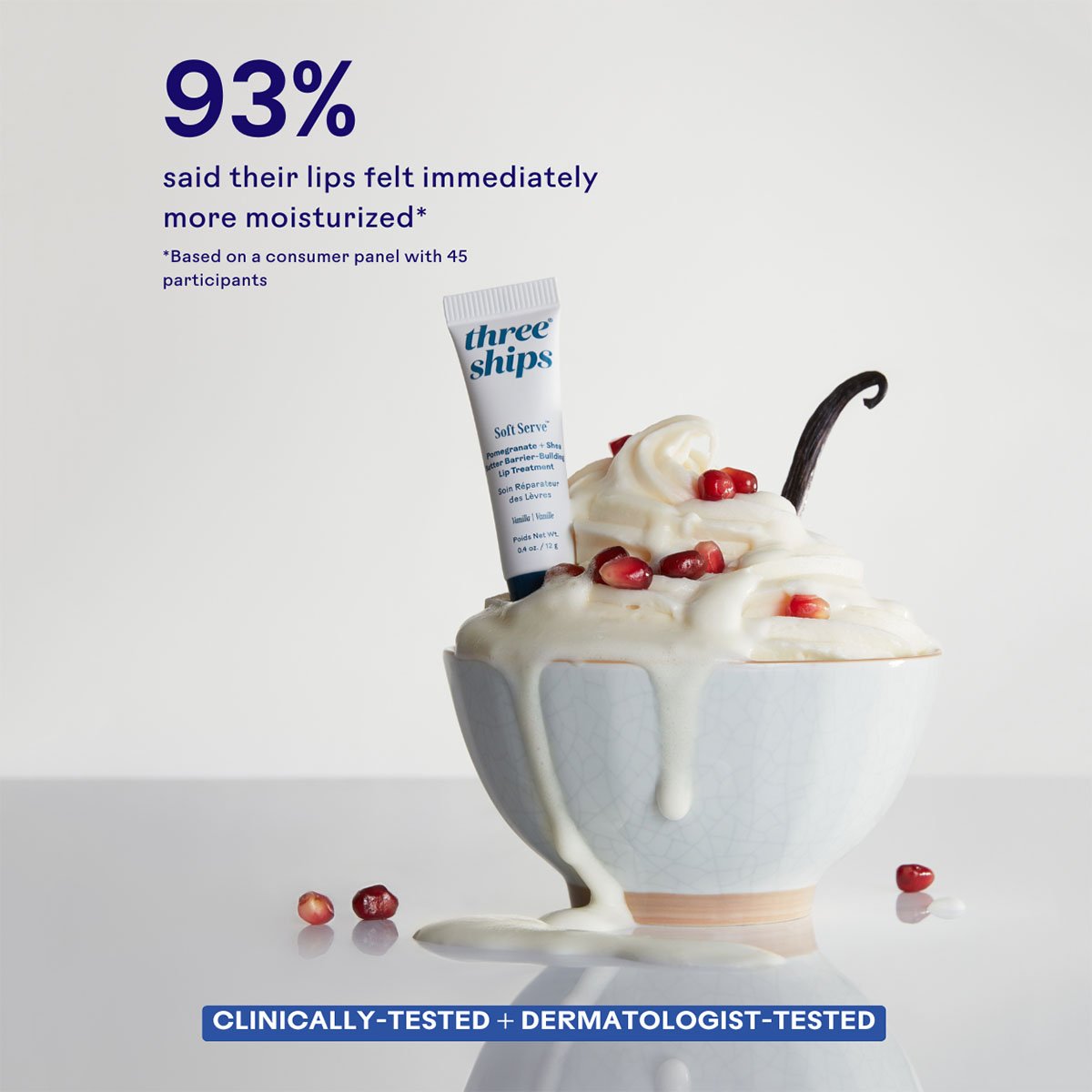 Three Ships SoftServe Pomegranate + Shea Butter Barrier-Building Lip Treatment is an ultra-cushiony lip treatment that plumps, hydrates, and helps support the lip’s natural barrier.