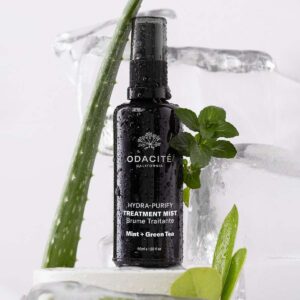 Odacité Hydra-Purify Treatment Mist infuses the skin with hydrating and clarifying actives to quickly improve and refresh the appearance of breakout-prone, oily skin.