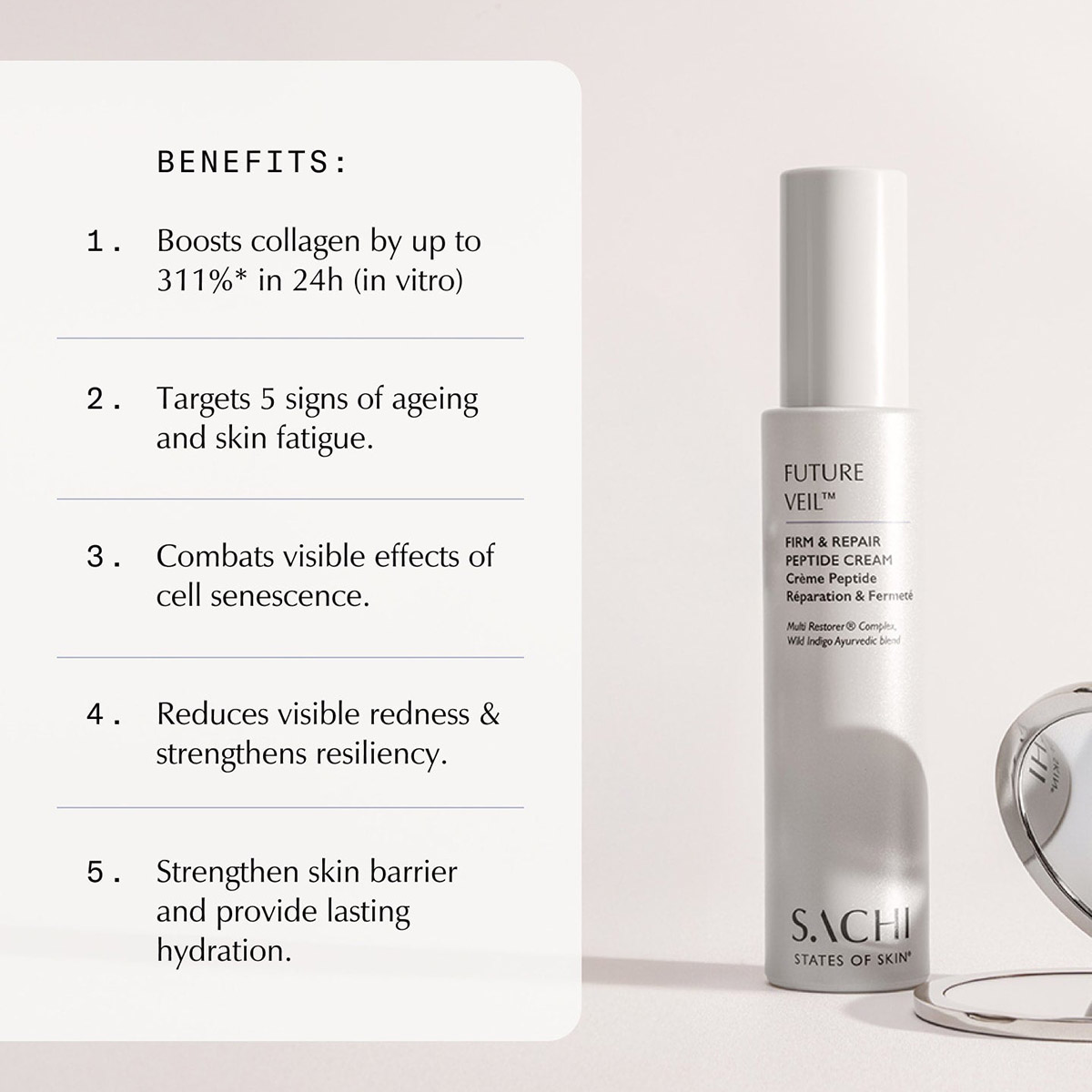 Sachi Skin Future Veil Firm & Repair Peptide Cream targets fine lines and wrinkles, firmness, dullness, dark spots and signs of barrier stress.