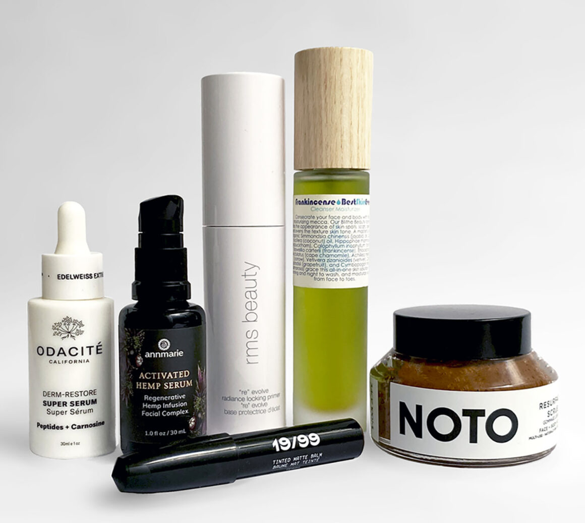 Living Libations Best Skin Ever Frankincense, Noto Resurface Scrub, RMS Beauty Primer, Annmarie Skin Care Activated Hemp Serum, Odacite Edelweiss Serum, 19/99 Tinted Matte Balm