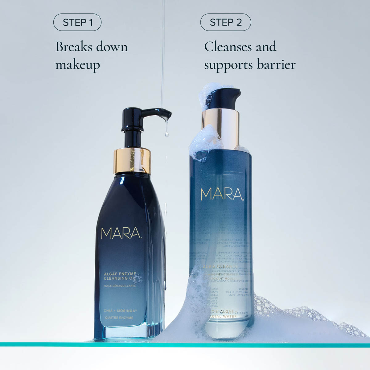 Double Cleanser with MARA Algae Enzyme Cleansing Oil and Aura Cleanse Foaming Gel Cleanser - available at Inspire Beauty.
