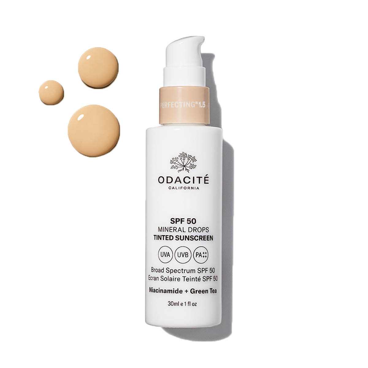 Shop Odacité SPF 50 Mineral Drops Tinted Sunscreen in shade 1.5 at Inspire Beauty.
