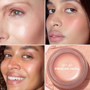 Odacité SPF 50 Color Balm in shade Frosted Petal is a sheer neutral pink rosé with a warm, light-reflecting shimmer.