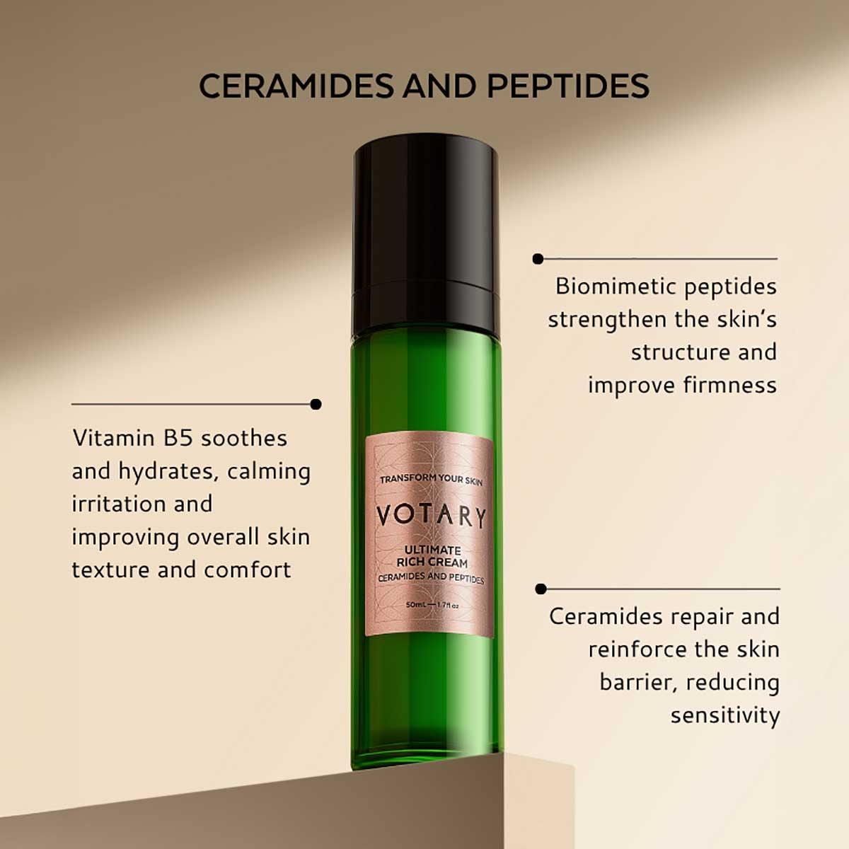 VOTARY Ultimate Rich Cream is a deeply hydrating peptide moisturizer to lock in moisture and visibly smooth and firm skin.