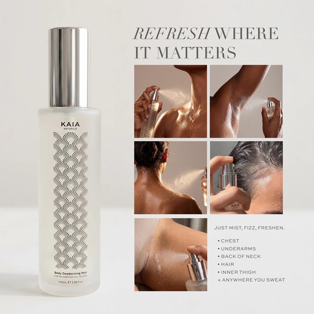Kaia Naturals The Body Refresh is a body and hair deodorizing mist, available in 3 scents.