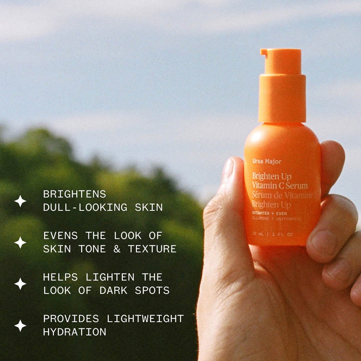Ursa Major Brighten Up Vitamin C Serum helps to even skin tone, lighten the look of dark spots, and provide instant hydration.