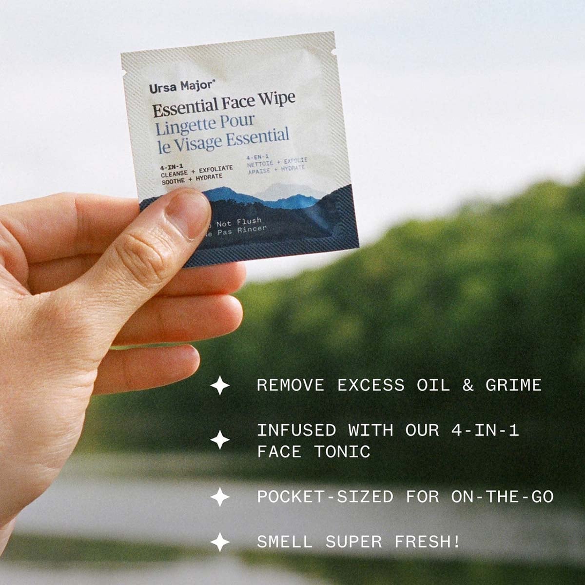 Ursa Major Essential Face Wipes are individually-wrapped 4-in-1 face wipes that cleanse, exfoliate, soothe, and hydrate skin on the go.