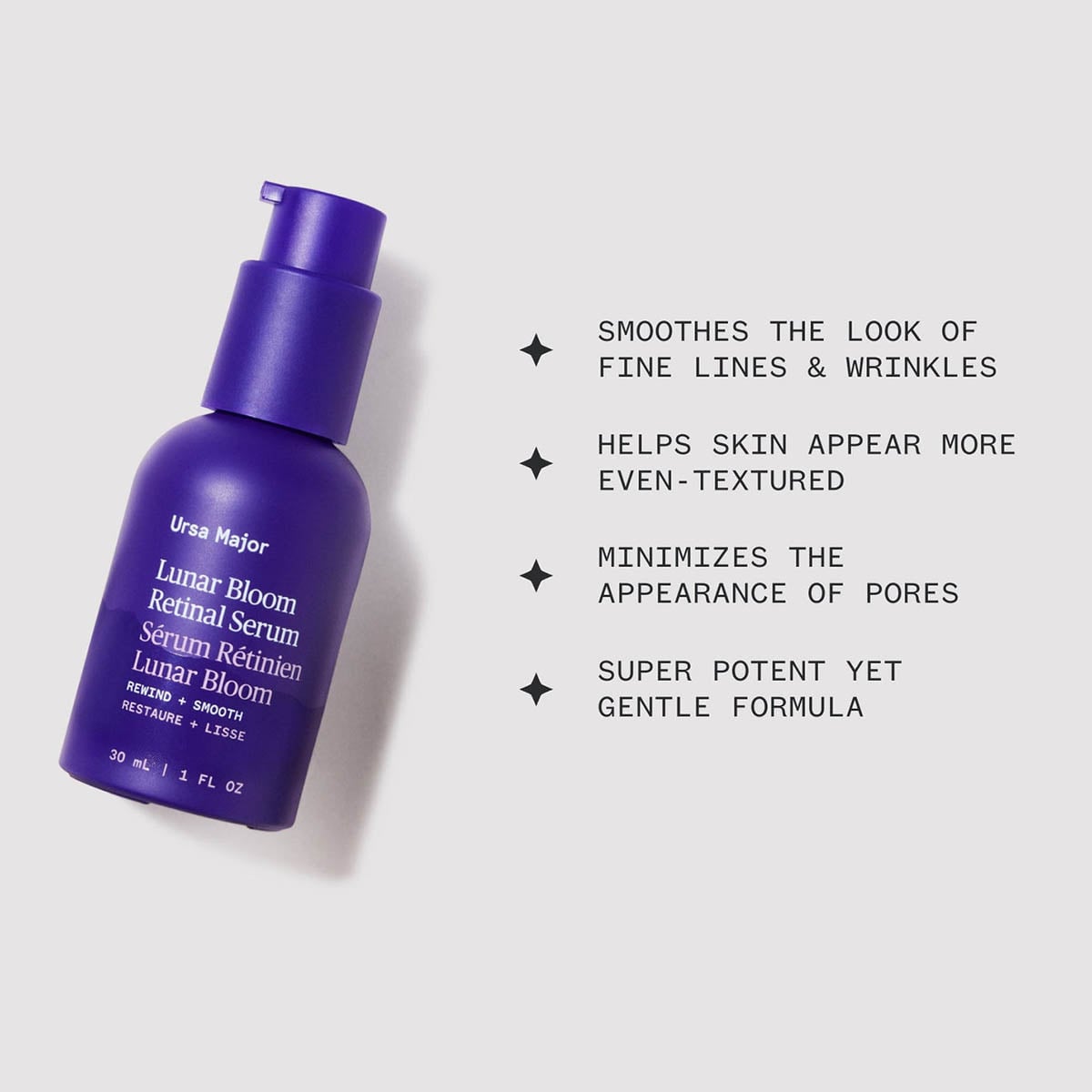 Ursa Major Lunar Bloom Retinal Serum helps rewind the appearance of fine lines and wrinkles by promoting nightly renewal.
