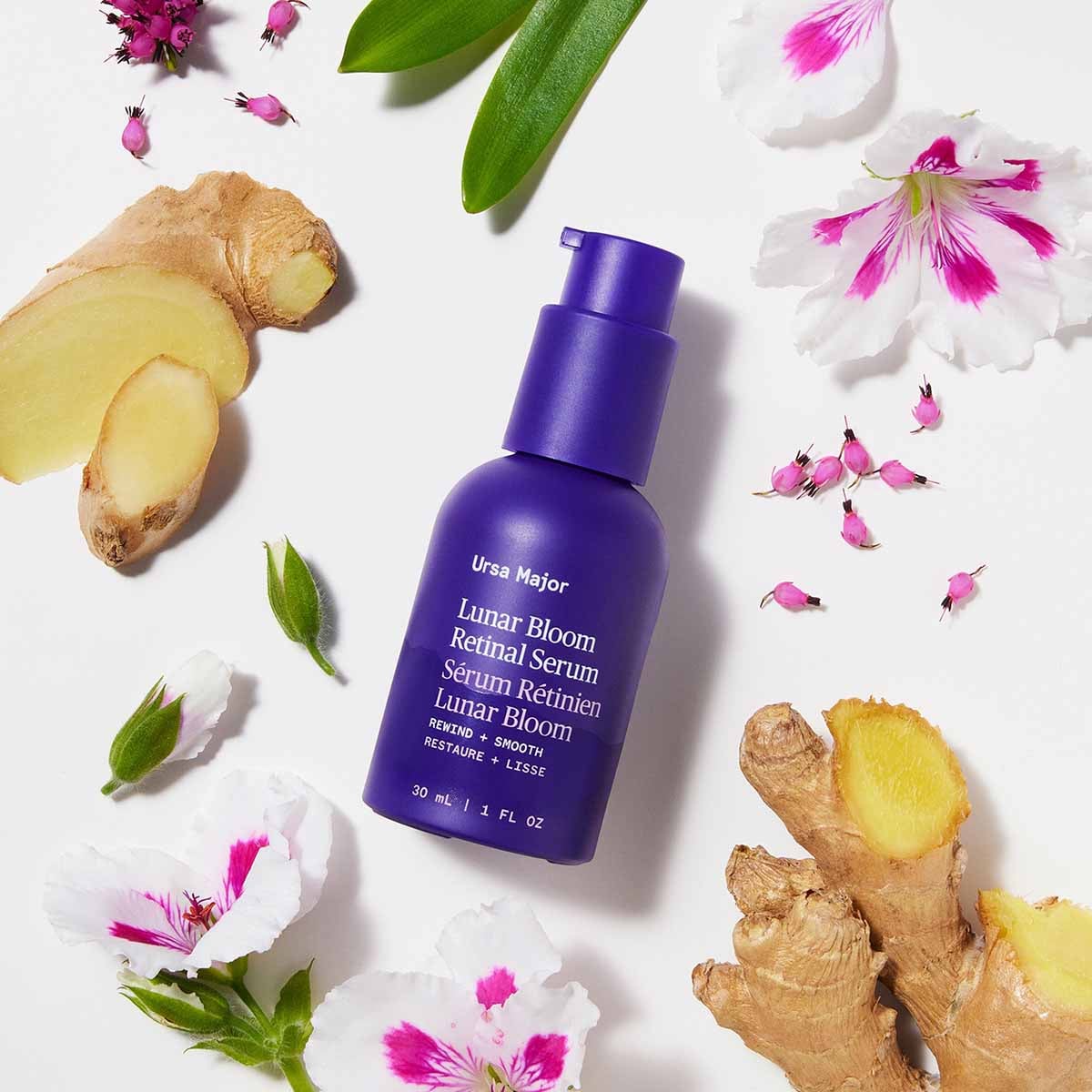 Ursa Major Lunar Bloom Retinal Serum refines skin texture and reduces the appearance of pores.