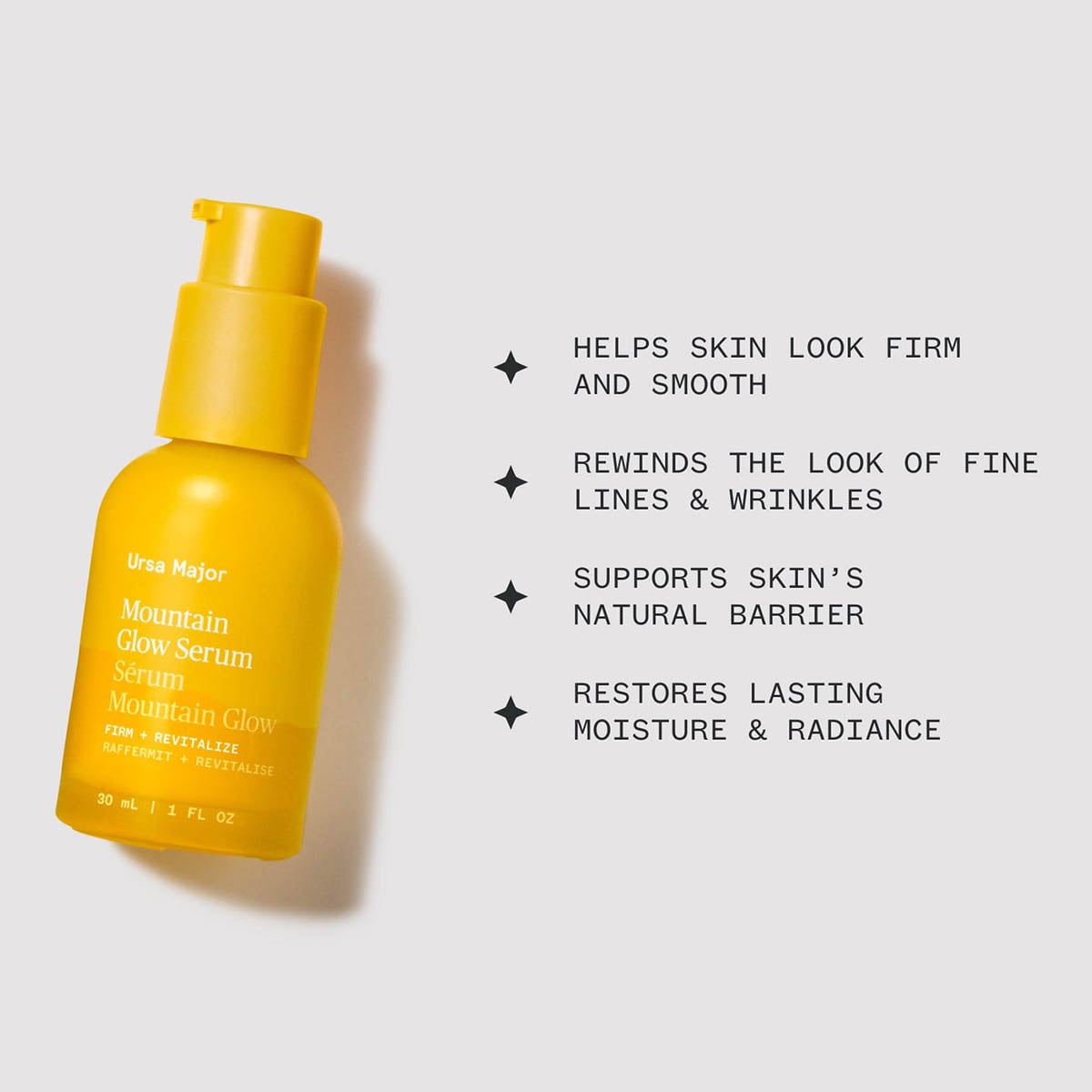 Ursa Major Mountain Glow Serum helps soften the appearance of wrinkles, firms sagging skin, boost radiance and glow, and restore lasting moisture.