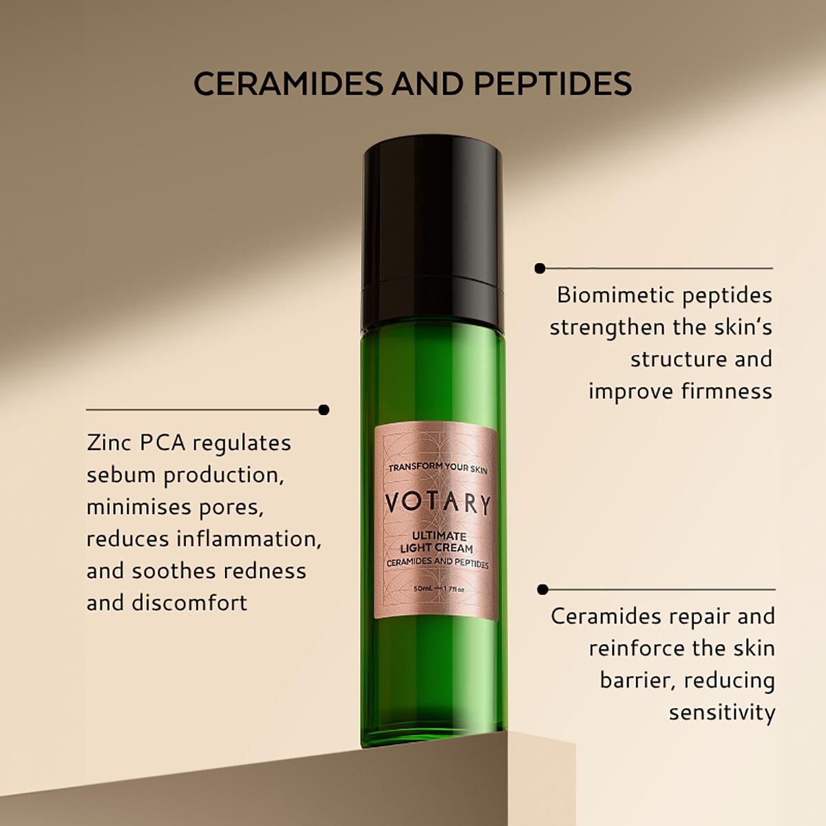 Votary Ultimate Light Cream is powered by a high-tech peptide duo to firm and reduce the appearance of wrinkles.